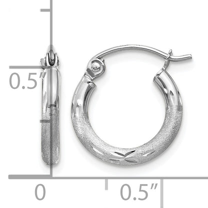 14k White Gold 2x13mm Satin Diamond-cut Round Tube Hoop Earrings