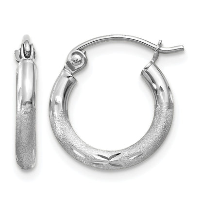 14k White Gold 2x13mm Satin Diamond-cut Round Tube Hoop Earrings