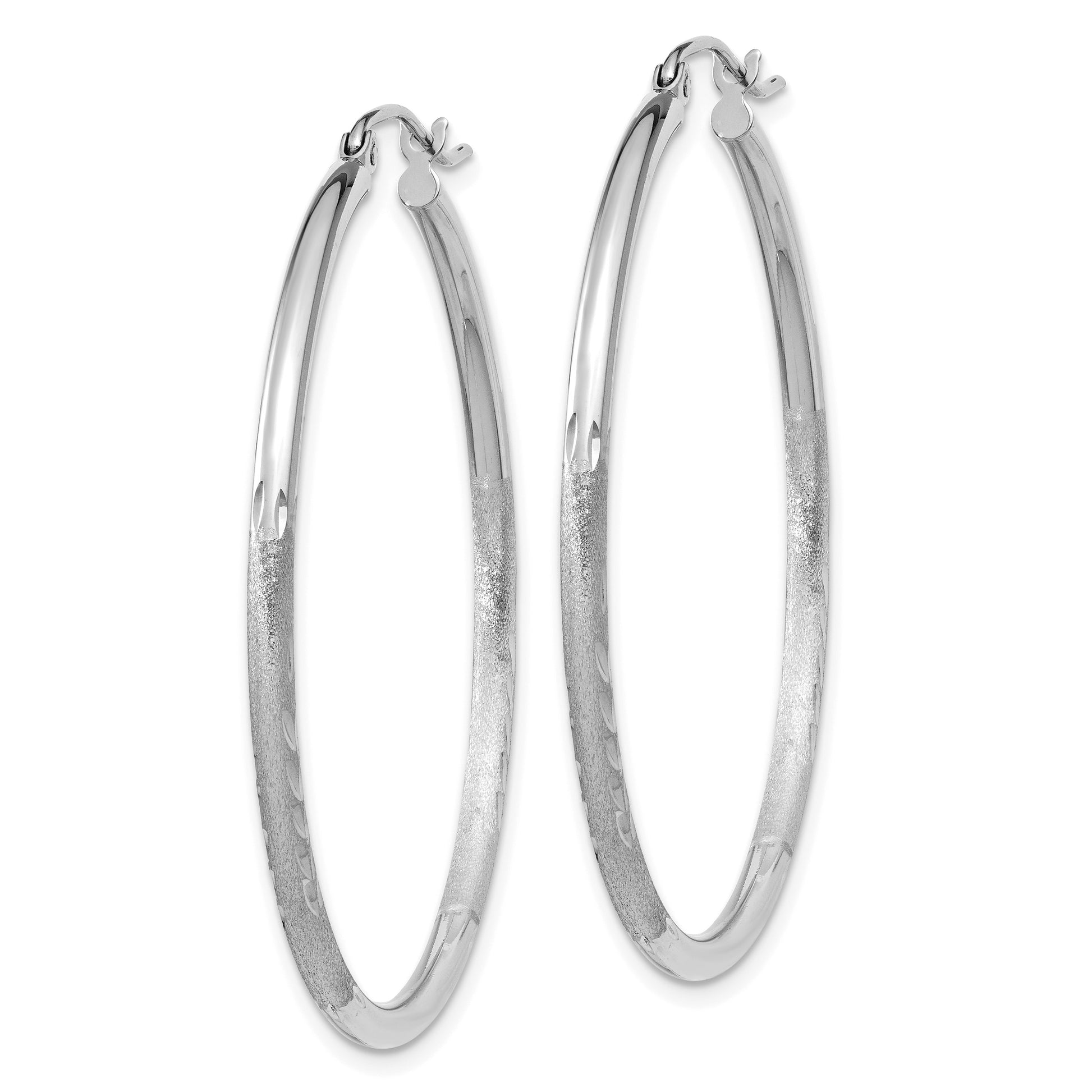 14k White Gold 2x40mm Satin Diamond-cut Round Tube Hoop Earrings