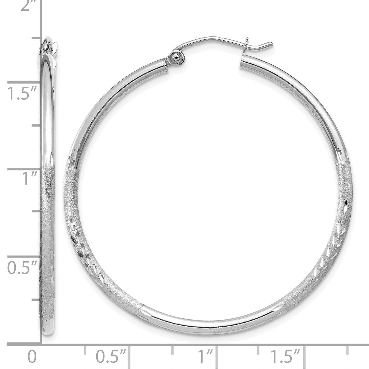 14k White Gold 2x40mm Satin Diamond-cut Round Tube Hoop Earrings