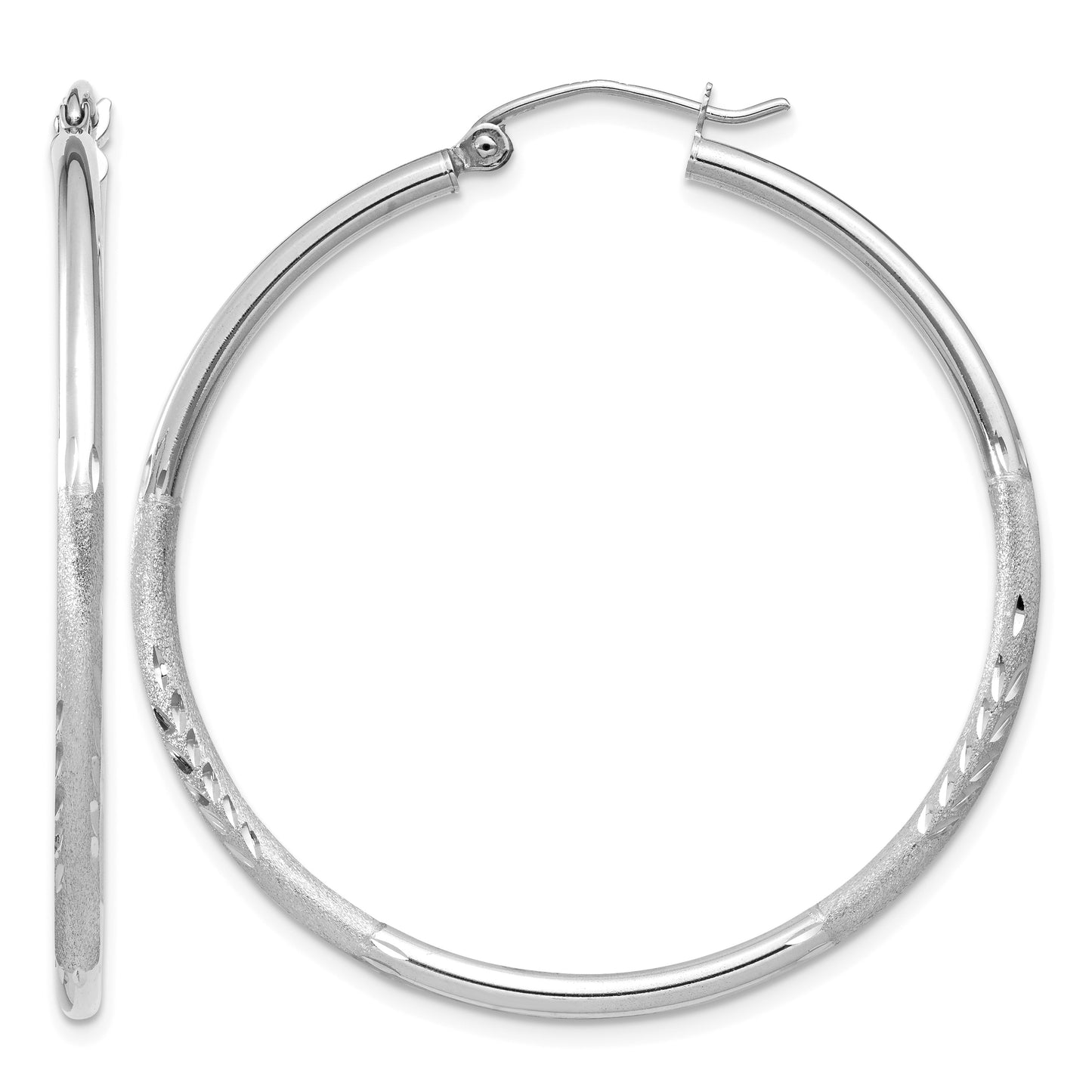 14k White Gold 2x40mm Satin Diamond-cut Round Tube Hoop Earrings