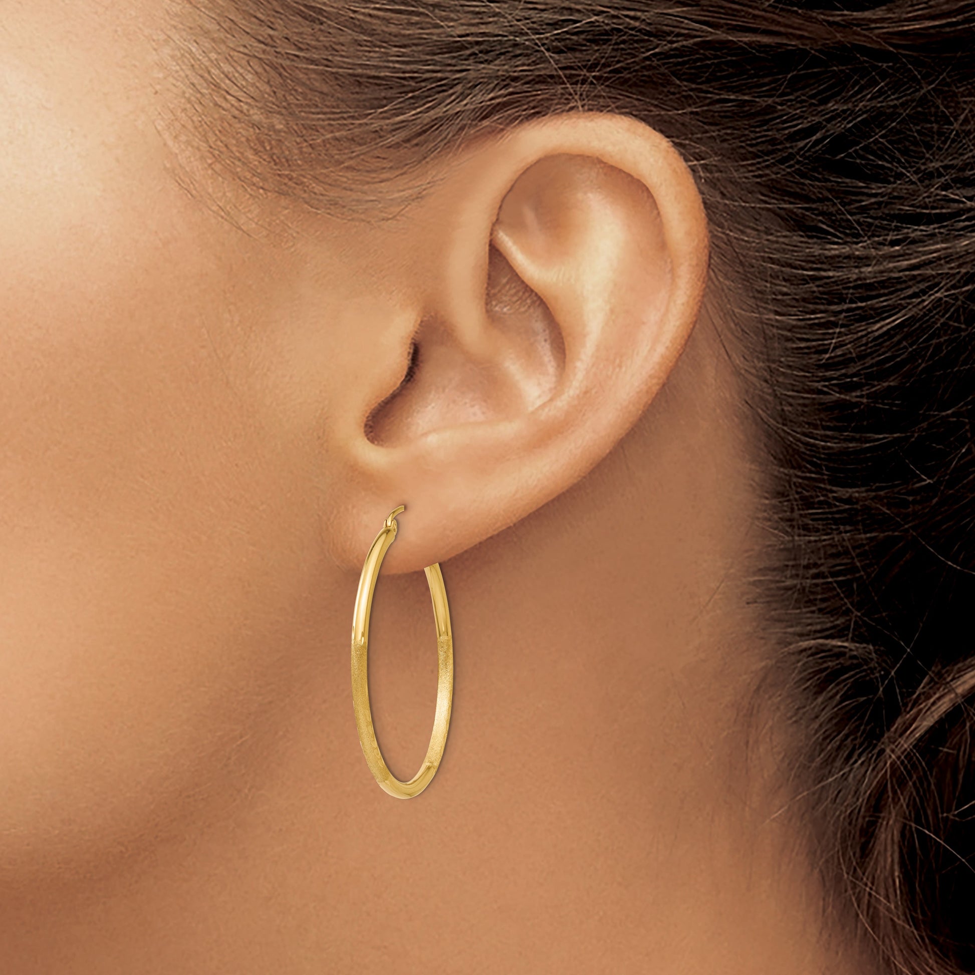 14k 2x35mm Satin Diamond-cut Round Tube Hoop Earrings