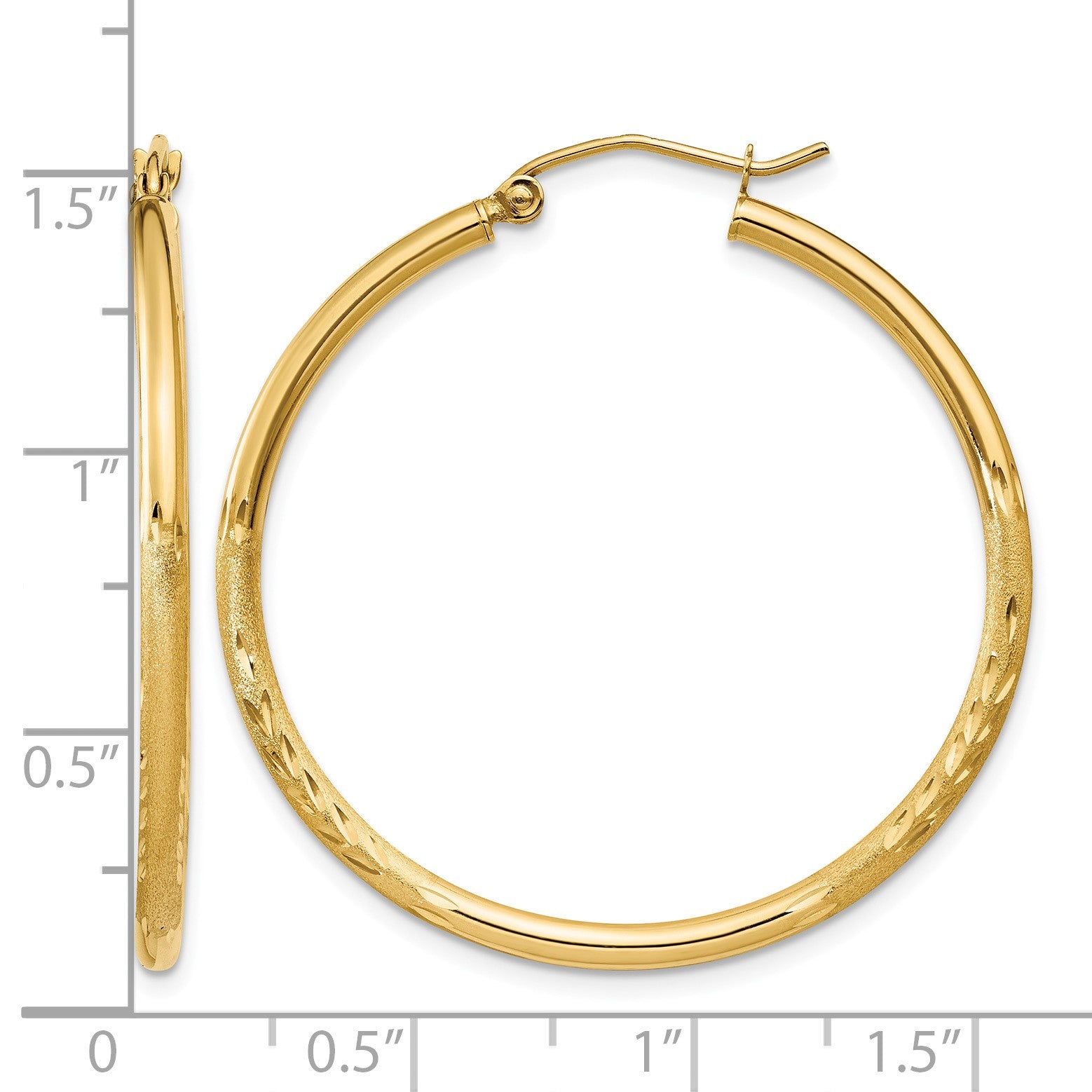 14k 2x35mm Satin Diamond-cut Round Tube Hoop Earrings