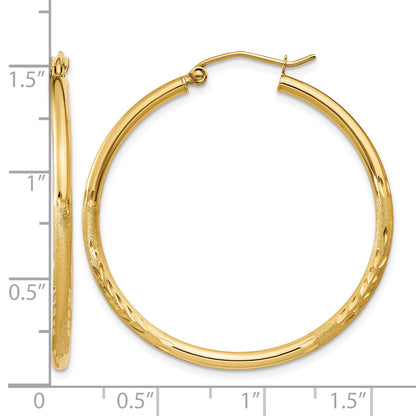 14k 2x35mm Satin Diamond-cut Round Tube Hoop Earrings