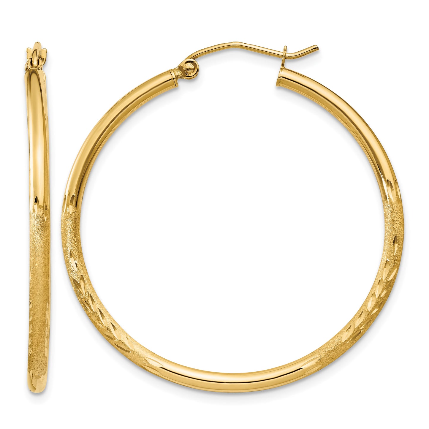 14k 2x35mm Satin Diamond-cut Round Tube Hoop Earrings