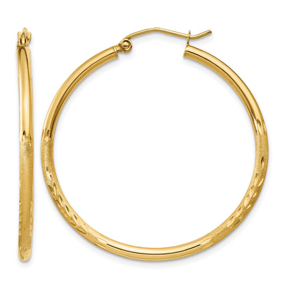14k 2x35mm Satin Diamond-cut Round Tube Hoop Earrings