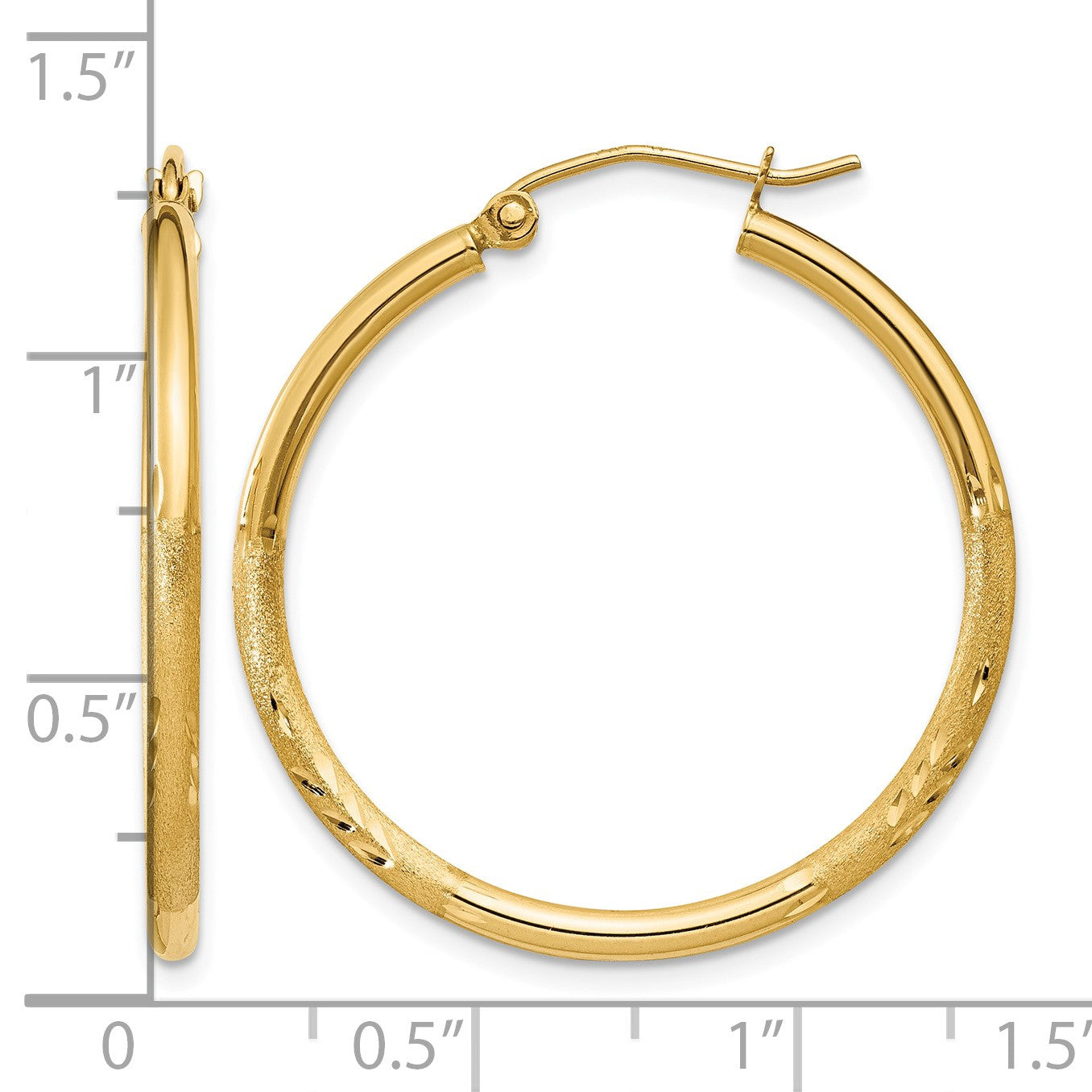 14k 2x30mm Satin Diamond-cut Round Tube Hoop Earrings