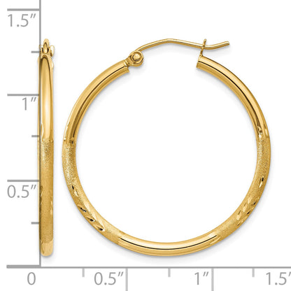 14k 2x30mm Satin Diamond-cut Round Tube Hoop Earrings