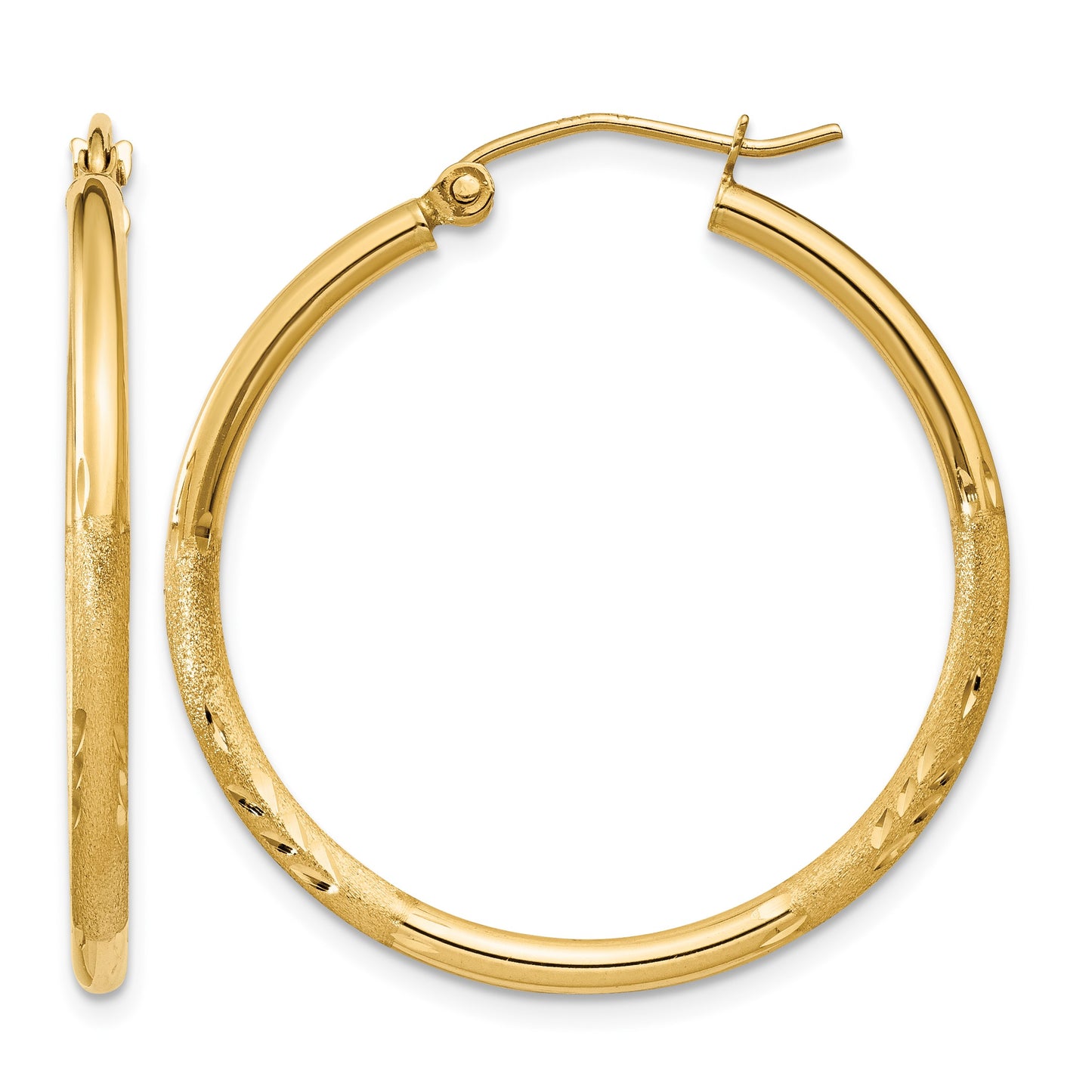 14k 2x30mm Satin Diamond-cut Round Tube Hoop Earrings