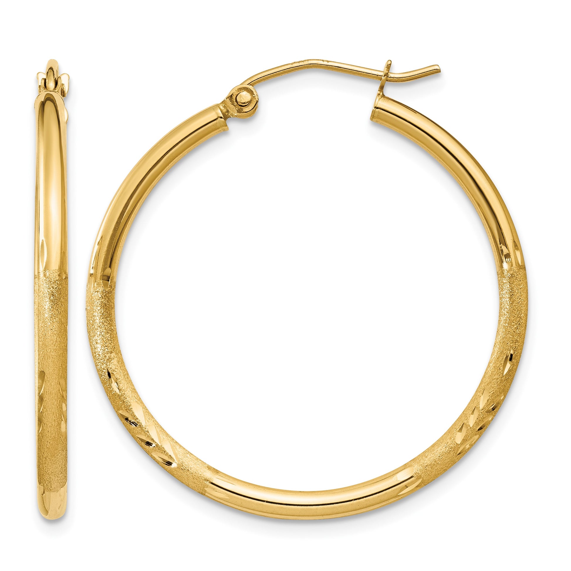 14k 2x30mm Satin Diamond-cut Round Tube Hoop Earrings