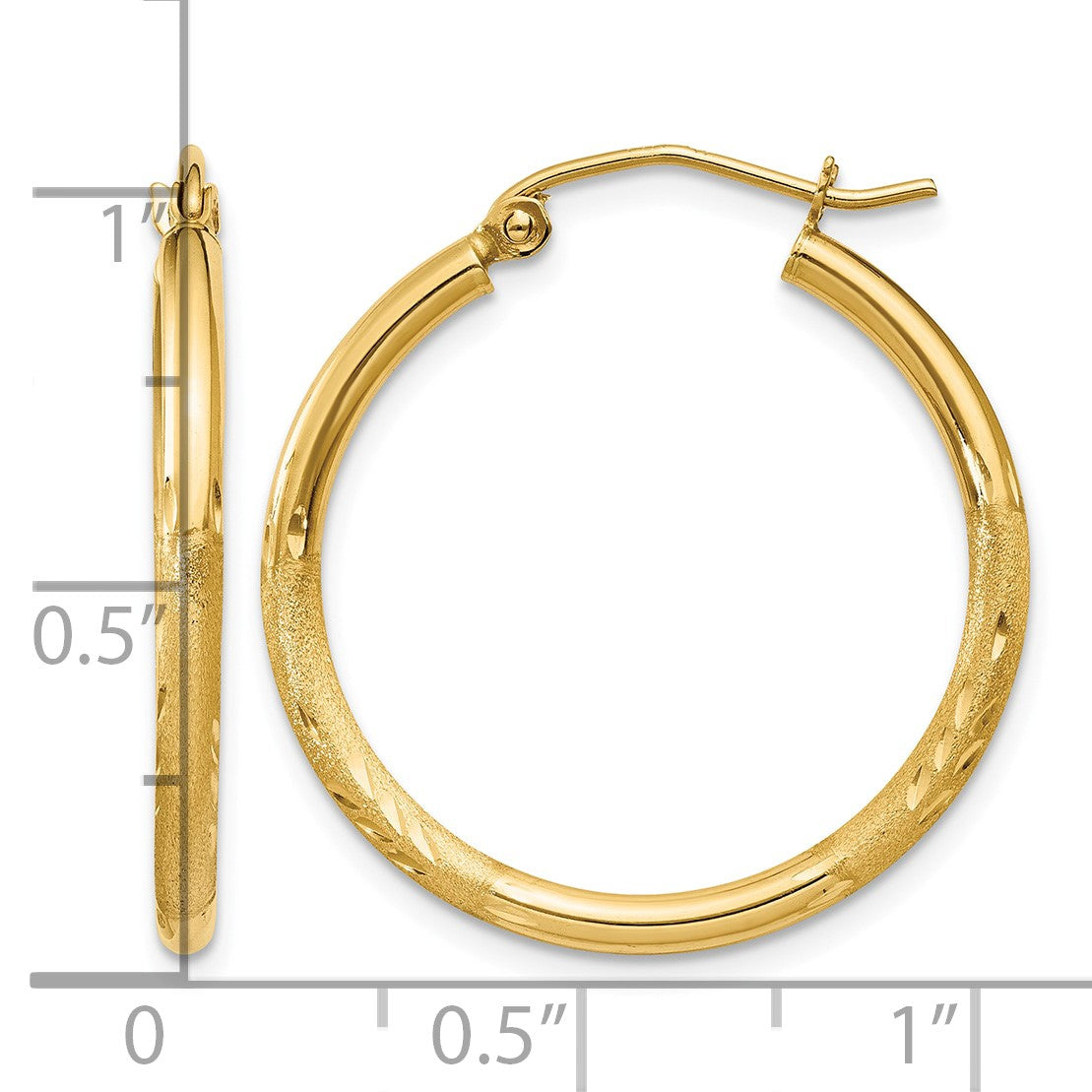 14k 2x25mm Satin Diamond-cut Round Tube Hoop Earrings