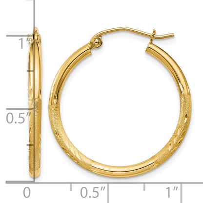 14k 2x25mm Satin Diamond-cut Round Tube Hoop Earrings