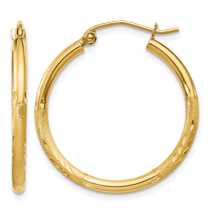 14k 2x25mm Satin Diamond-cut Round Tube Hoop Earrings