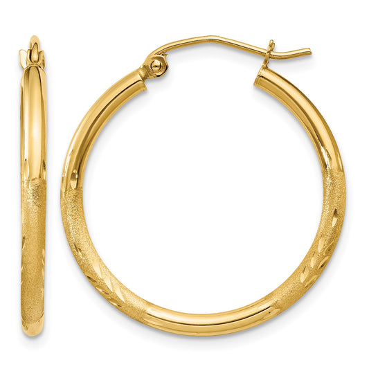 14k 2x25mm Satin Diamond-cut Round Tube Hoop Earrings