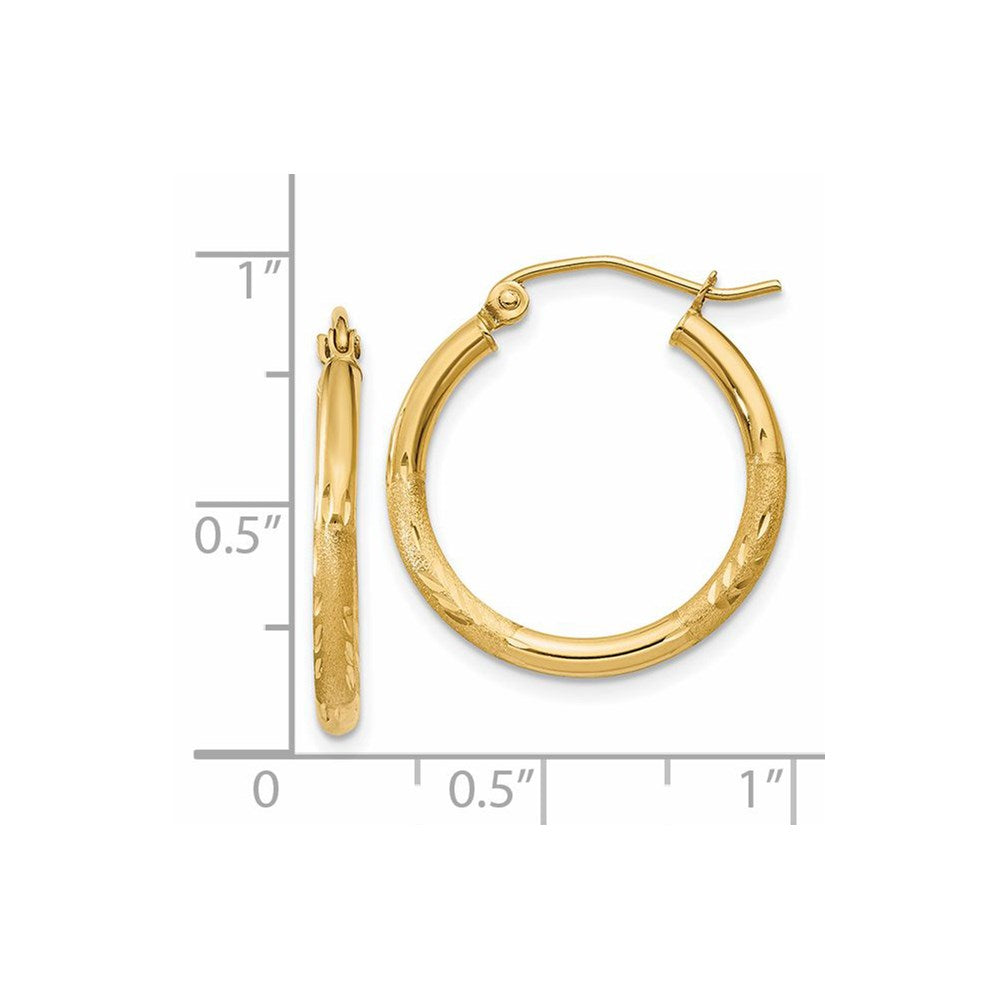 14k Satin and Diamond-cut 2mm Round Tube Hoop Earrings