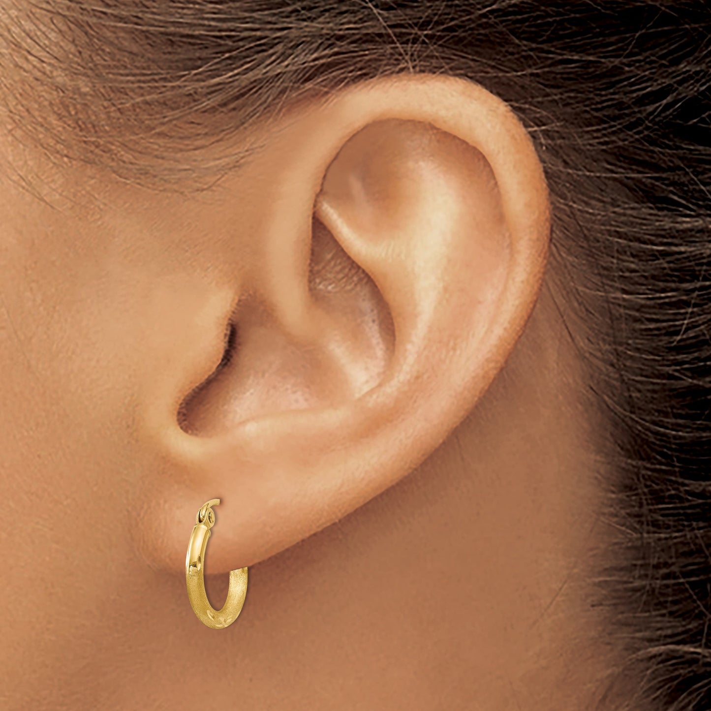 14k 2x13mm Satin Diamond-cut Round Tube Hoop Earrings