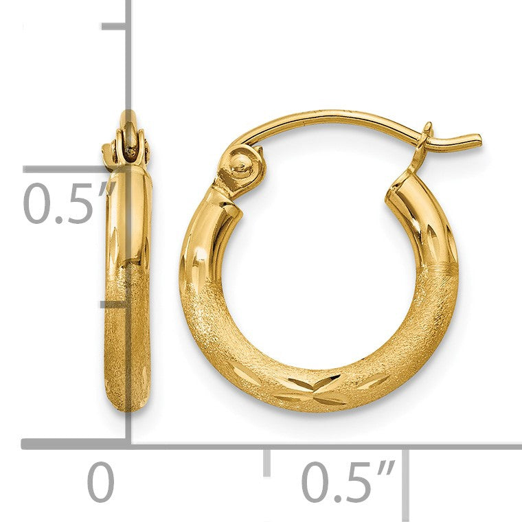 14k 2x13mm Satin Diamond-cut Round Tube Hoop Earrings