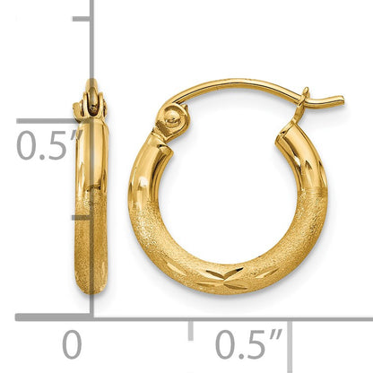 14k 2x13mm Satin Diamond-cut Round Tube Hoop Earrings