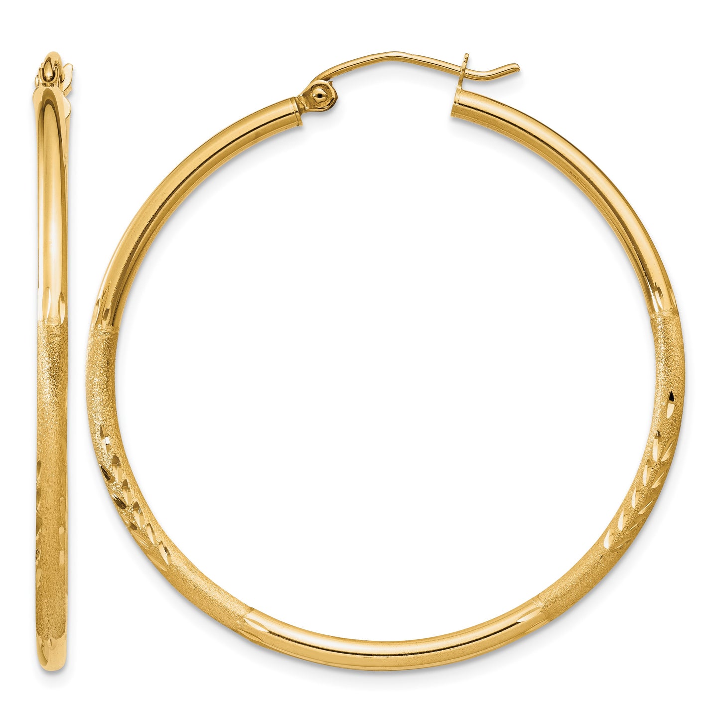 14k 2x40mm Satin Diamond-cut Round Tube Hoop Earrings