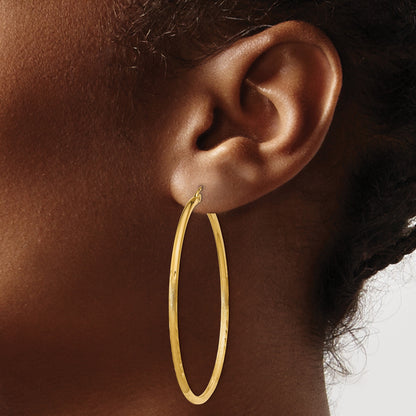 14k 2x50mm Satin Diamond-cut Round Tube Hoop Earrings