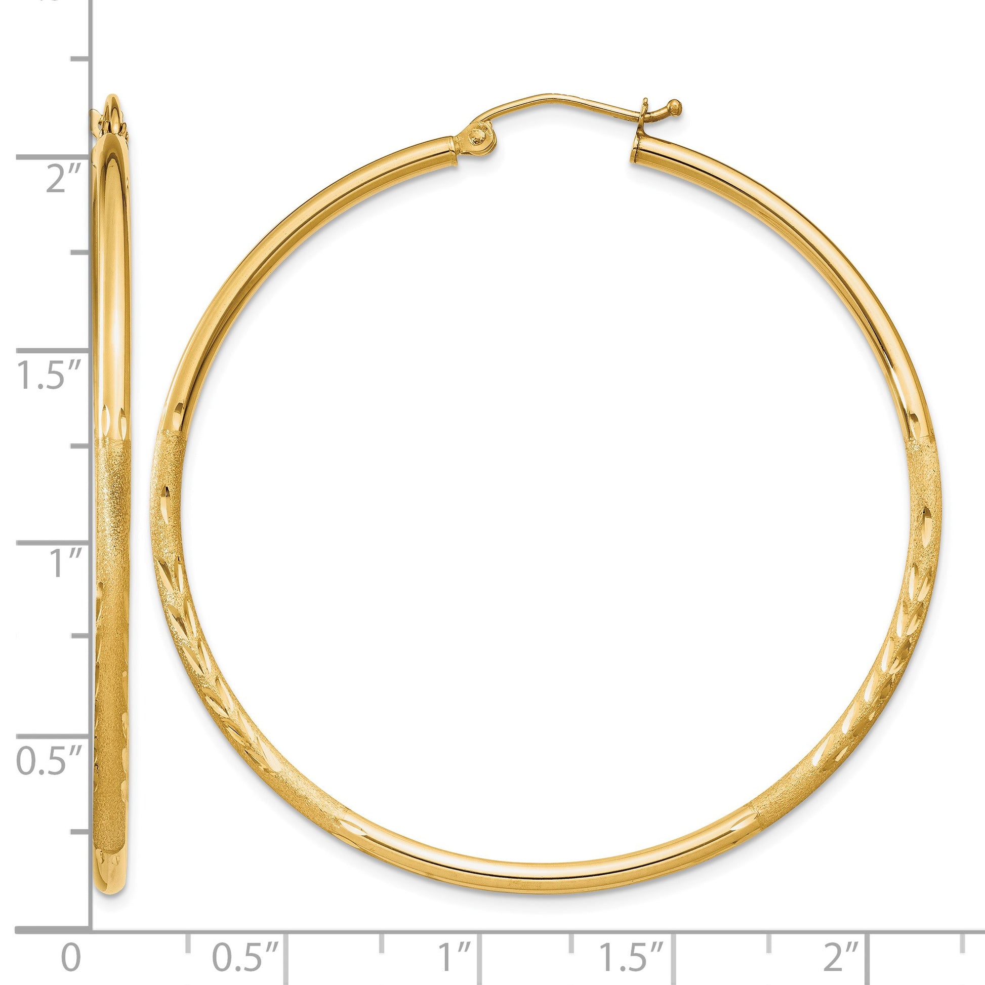 14k 2x50mm Satin Diamond-cut Round Tube Hoop Earrings