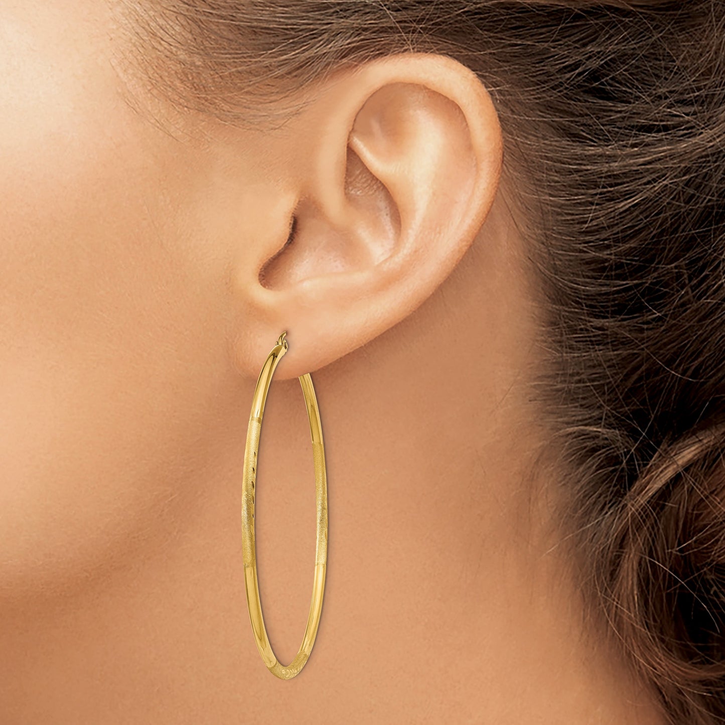 14k 2x55mm Satin Diamond-cut Round Tube Hoop Earrings