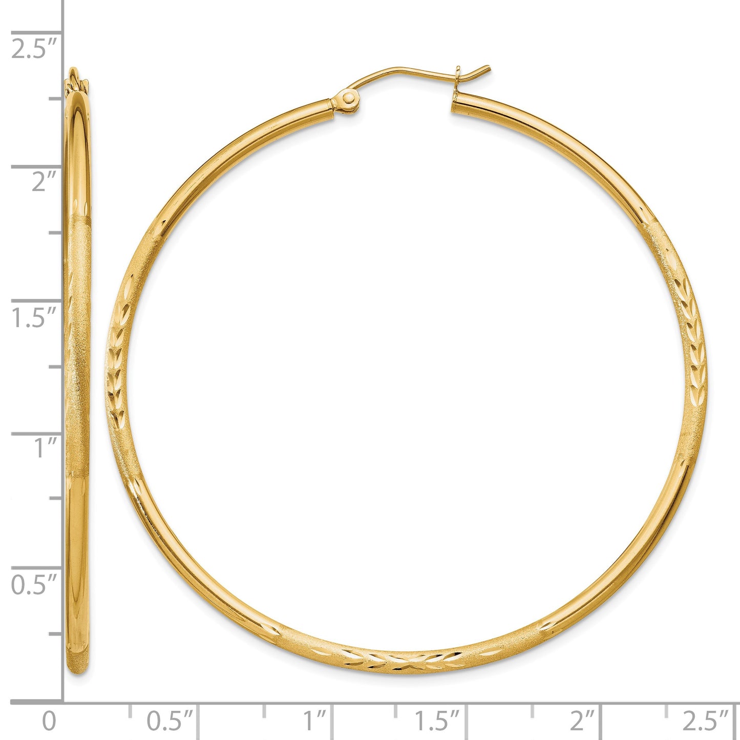 14k 2x55mm Satin Diamond-cut Round Tube Hoop Earrings