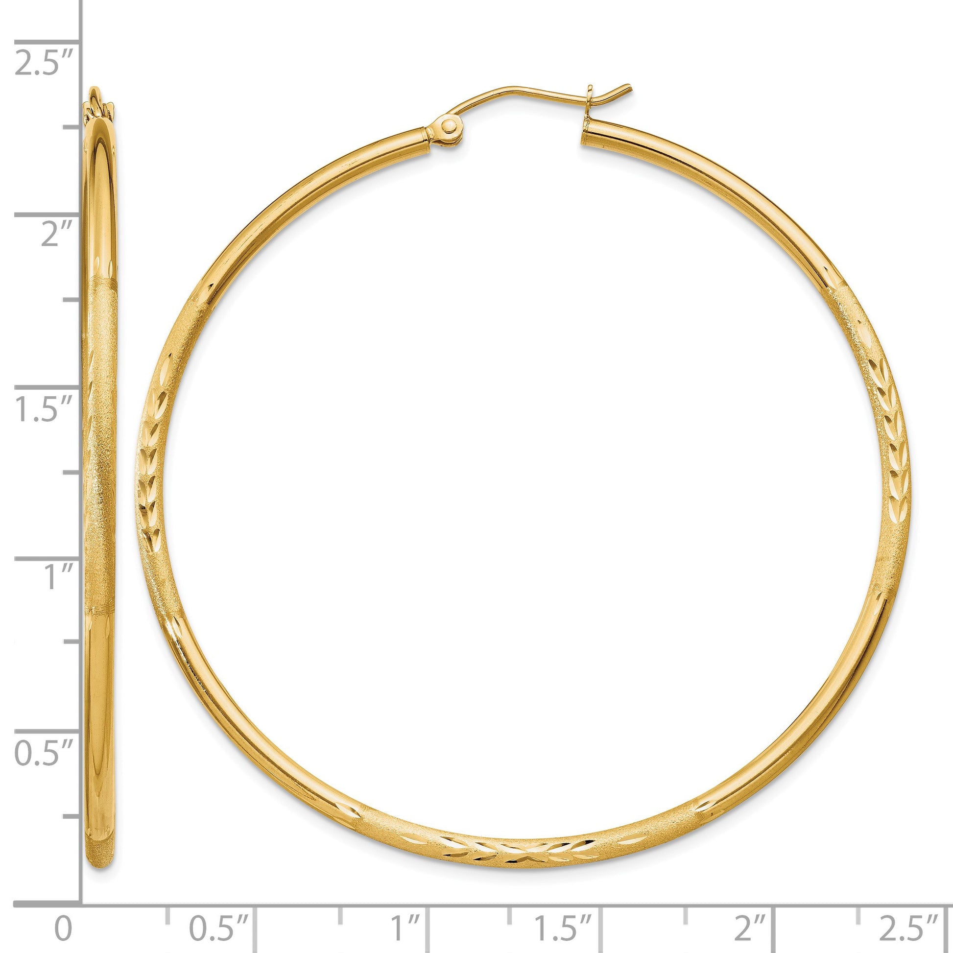14k 2x55mm Satin Diamond-cut Round Tube Hoop Earrings