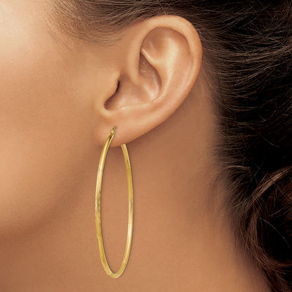 14k 2x60mm Satin Diamond-cut Round Tube Hoop Earrings