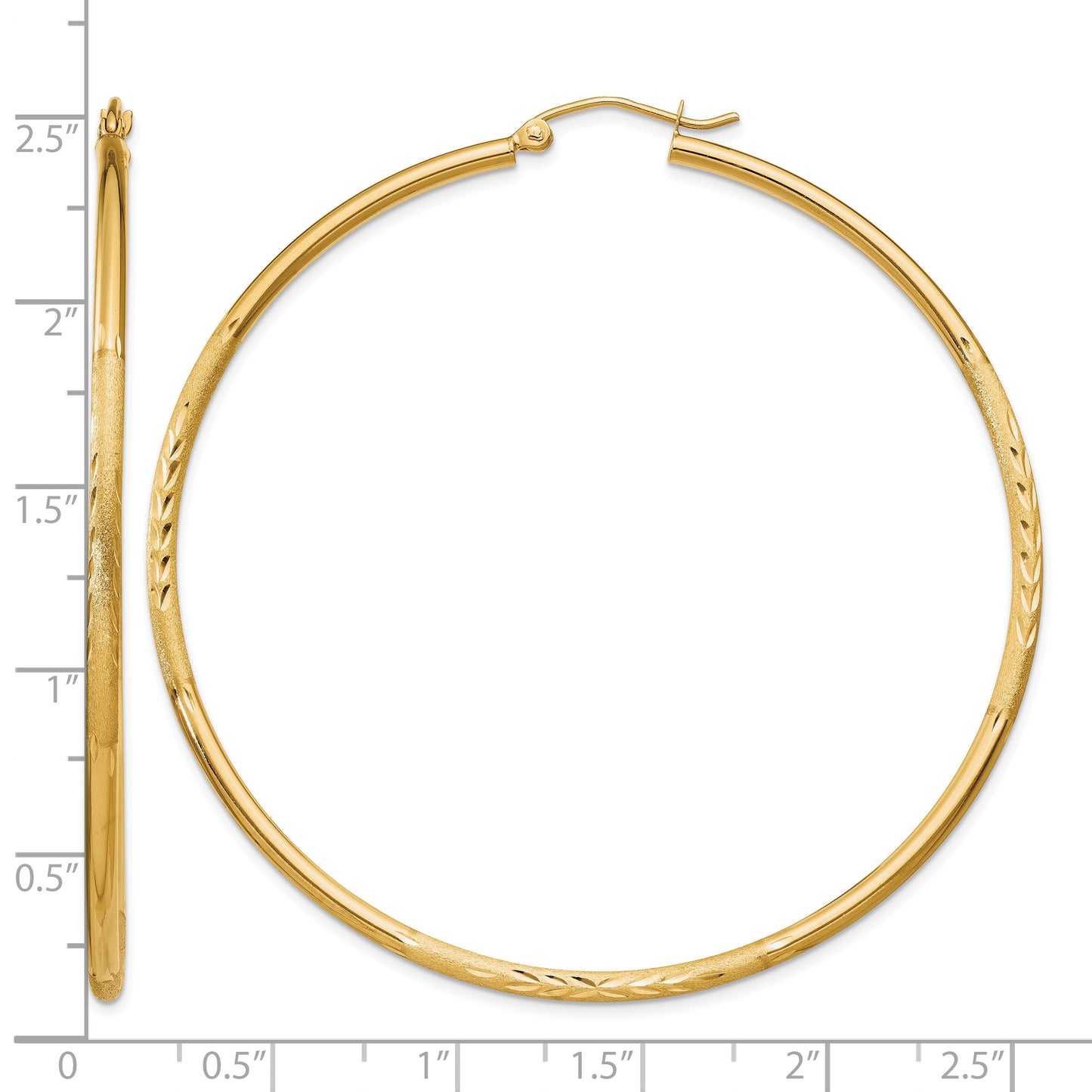 14k 2x60mm Satin Diamond-cut Round Tube Hoop Earrings