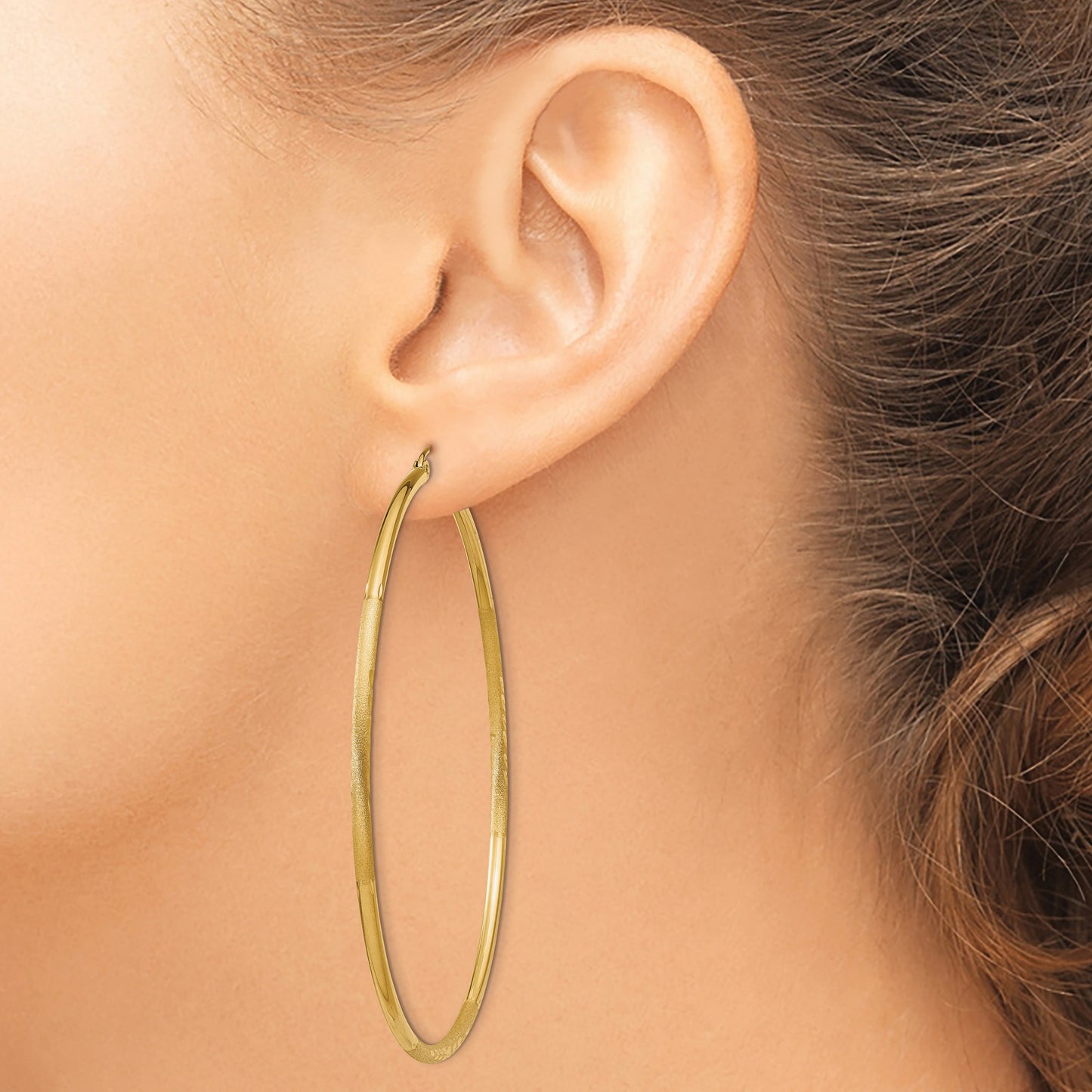 14k 2x65mm Satin Diamond-cut Round Tube Hoop Earrings