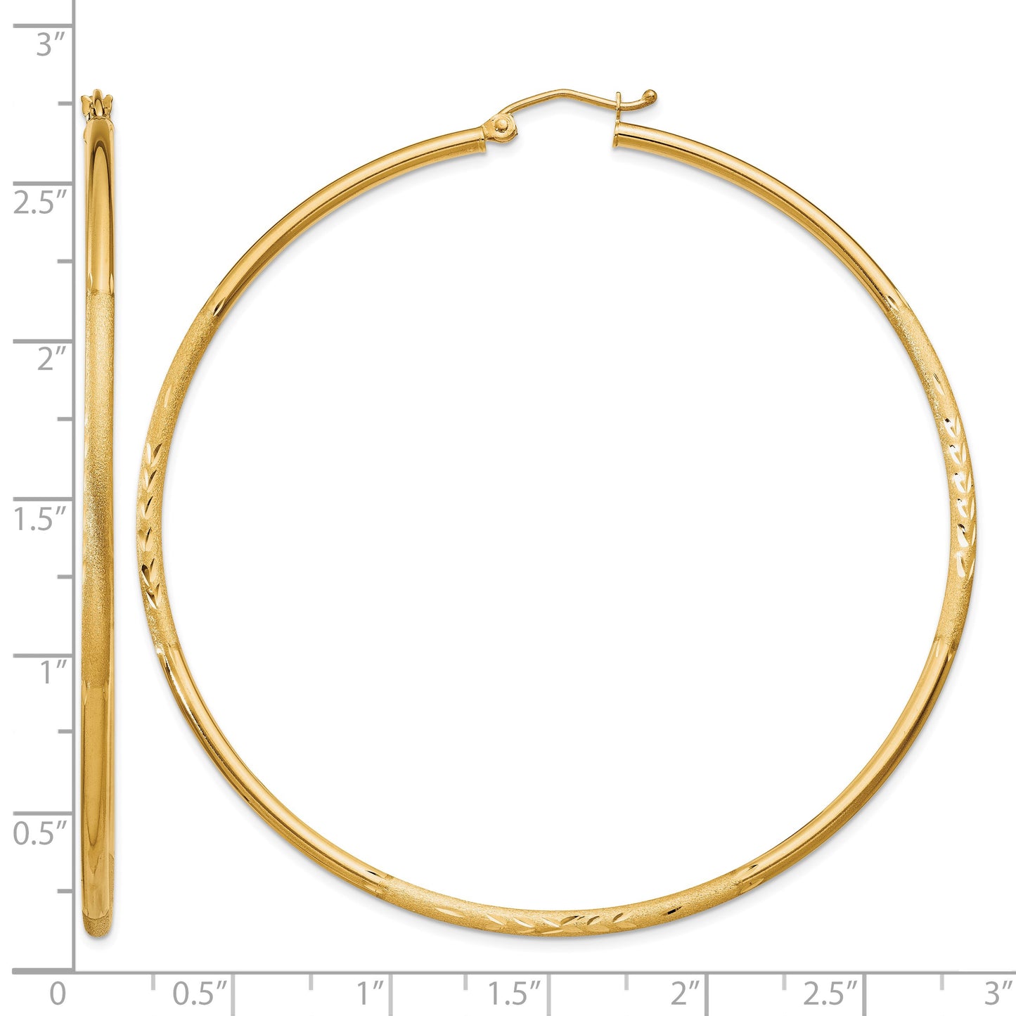 14k 2x65mm Satin Diamond-cut Round Tube Hoop Earrings
