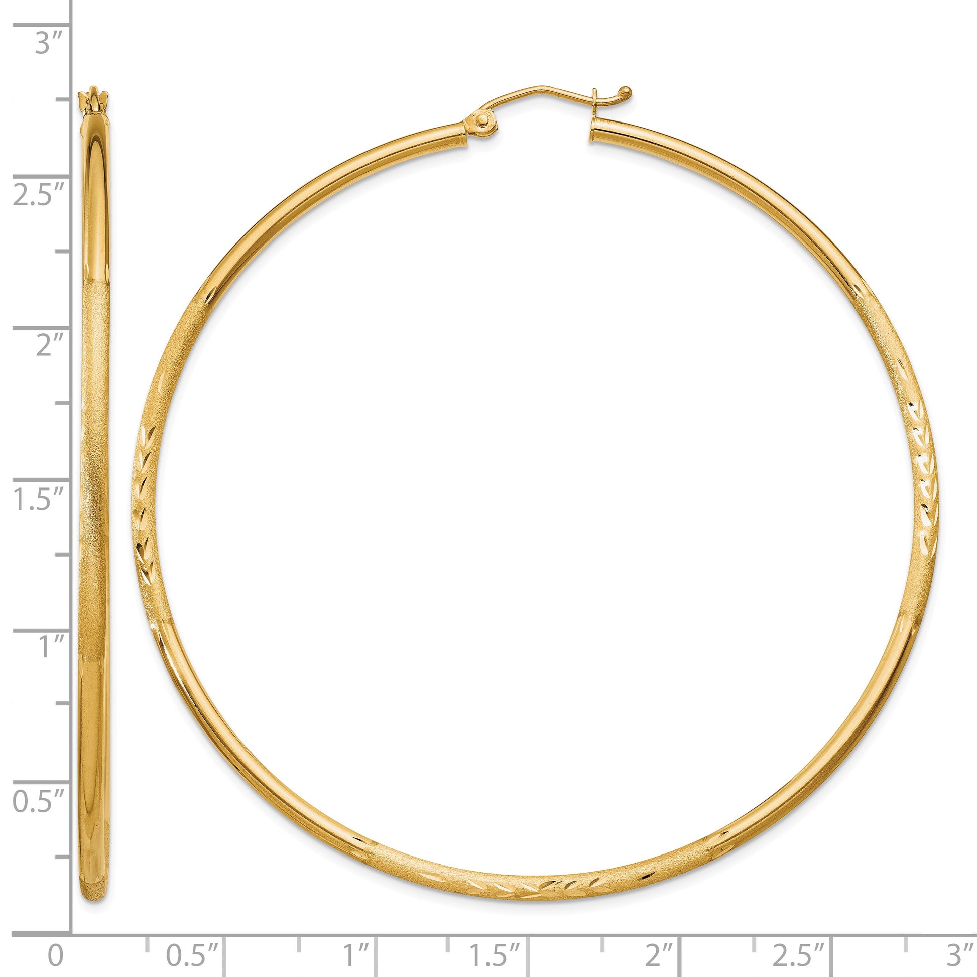 14k 2x65mm Satin Diamond-cut Round Tube Hoop Earrings