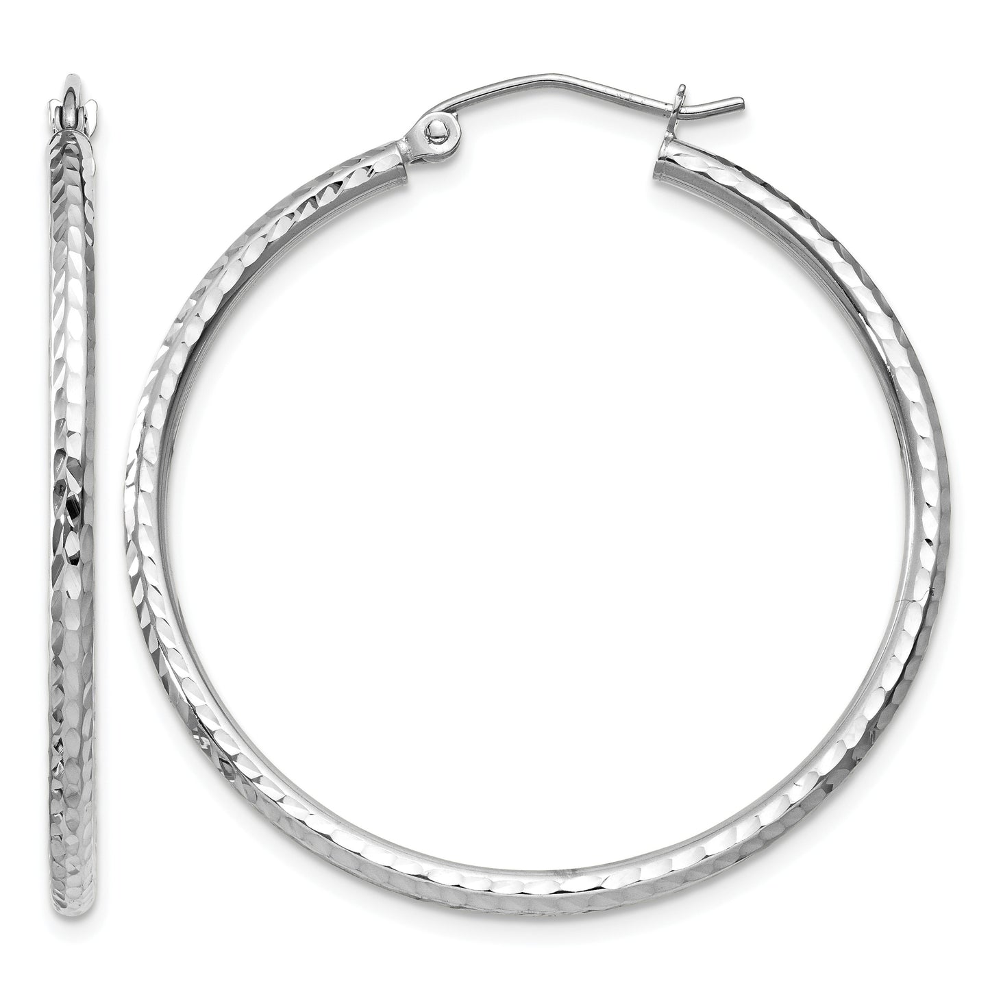 14k White Gold 2x35mm Diamond-cut Round Tube Hoop Earrings