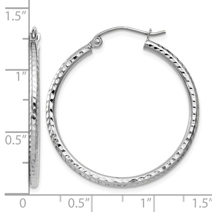 14k White Gold 2x30mm Diamond-cut Round Tube Hoop Earrings