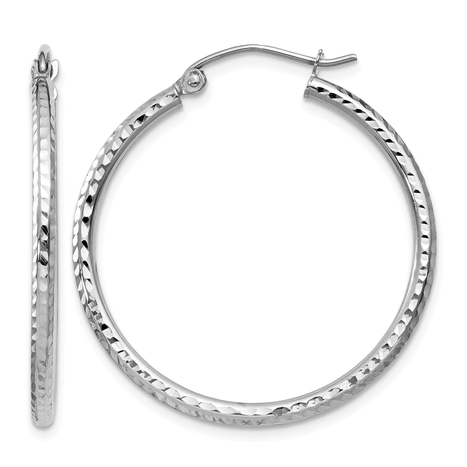 14k White Gold 2x30mm Diamond-cut Round Tube Hoop Earrings
