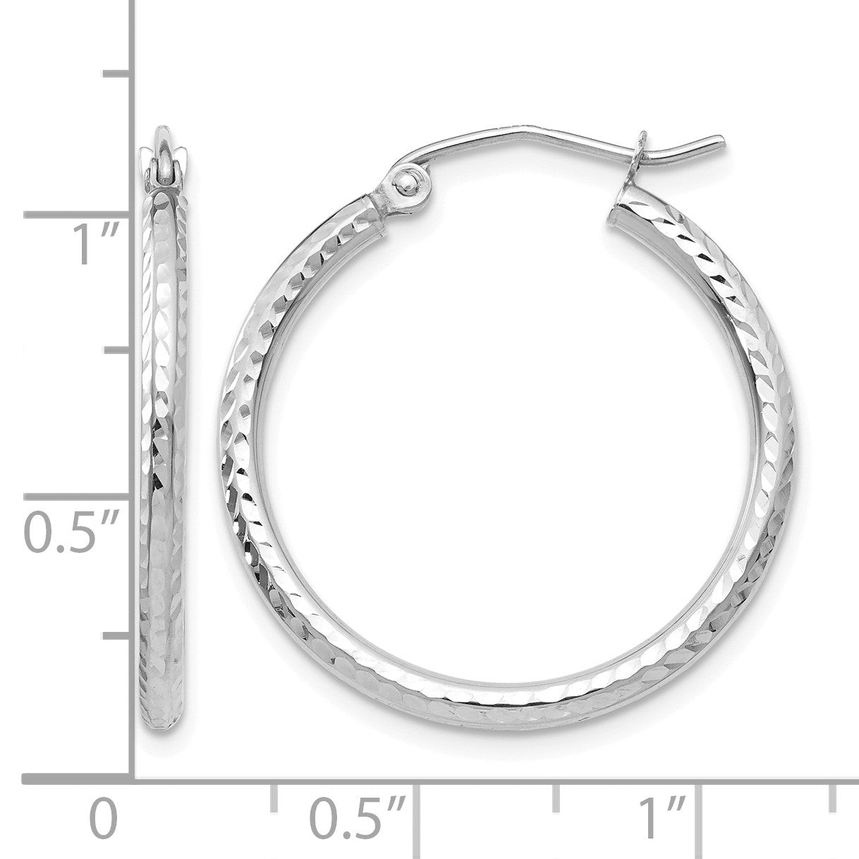 14k White Gold 2x25mm Diamond-cut Round Tube Hoop Earrings