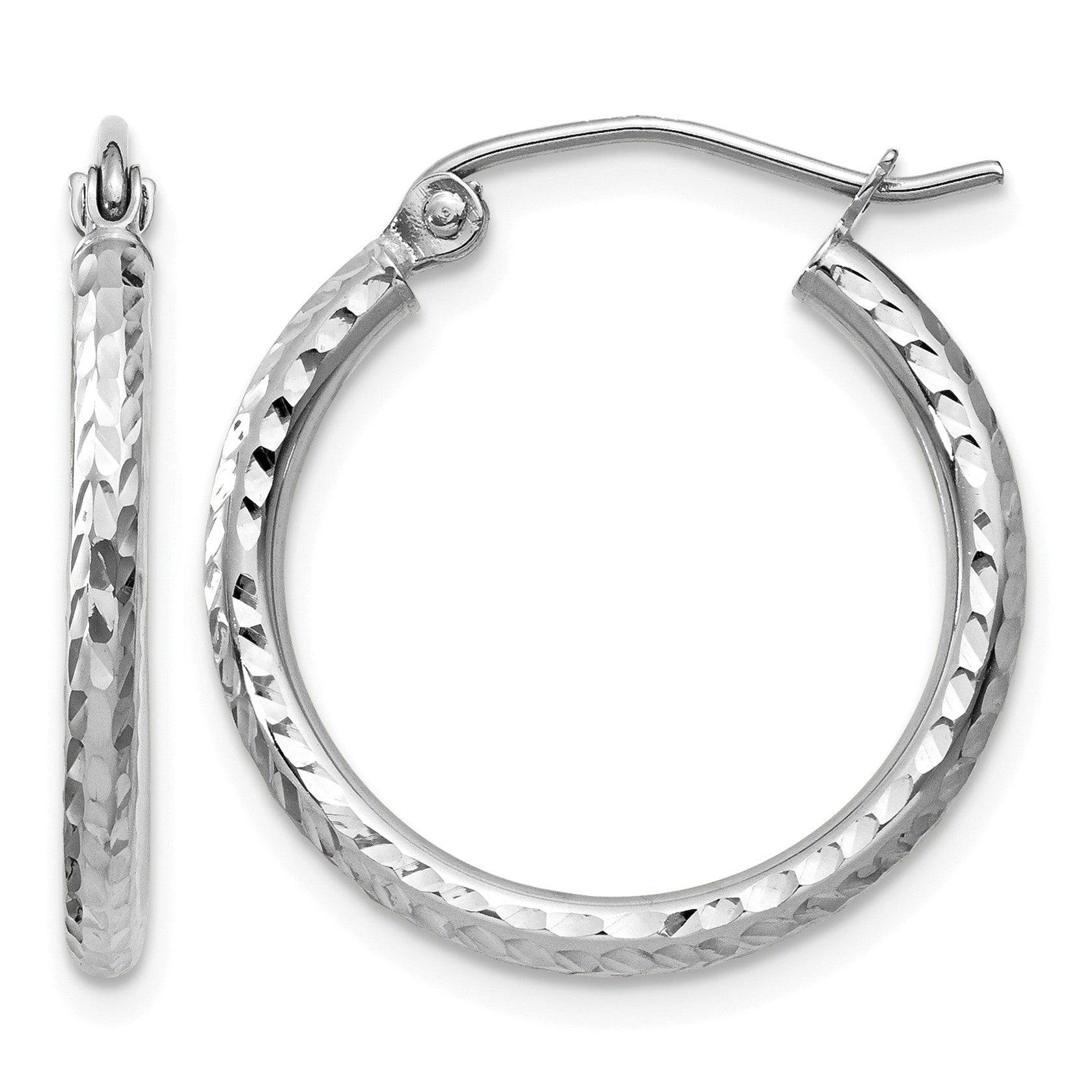 14k White Gold 2x20mm Diamond-cut Round Tube Hoop Earrings