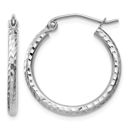 14k White Gold 2x20mm Diamond-cut Round Tube Hoop Earrings