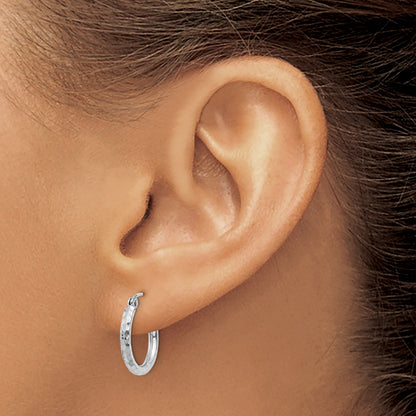 14k White Gold 2x15mm Diamond-cut Round Tube Hoop Earrings