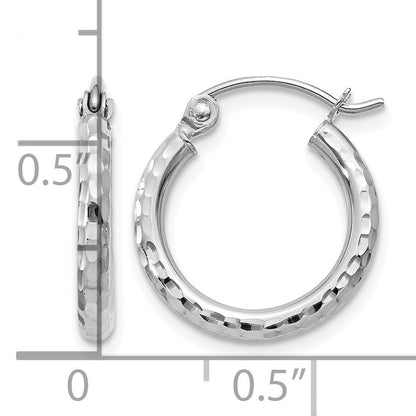 14k White Gold 2x15mm Diamond-cut Round Tube Hoop Earrings