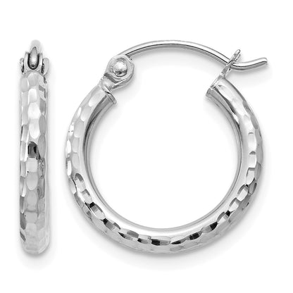 14k White Gold 2x15mm Diamond-cut Round Tube Hoop Earrings