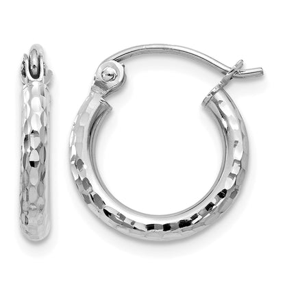 14k White Gold 2x13mm Diamond-cut Round Tube Hoop Earrings