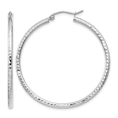 14k White Gold 2x40mm Diamond-cut Round Tube Hoop Earrings