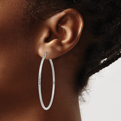14k White Gold 2x50mm Diamond-cut Round Tube Hoop Earrings
