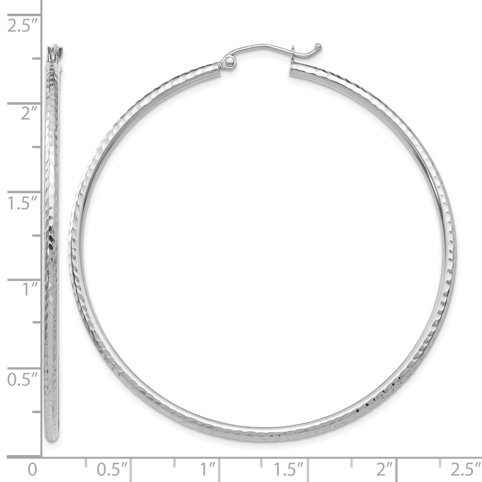 14k White Gold 2x55mm Diamond-cut Round Tube Hoop Earrings