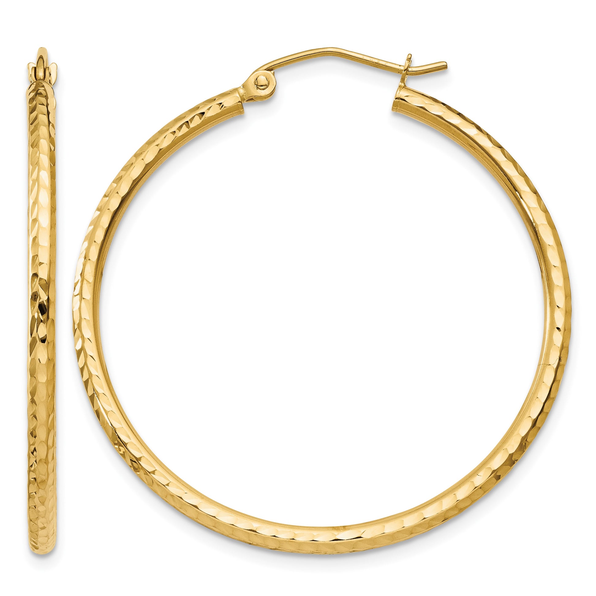 14k 2x35mm Diamond-cut Round Tube Hoop Earrings