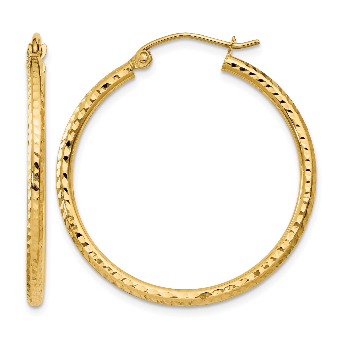 14k 2x30mm Diamond-cut Round Tube Hoop Earrings