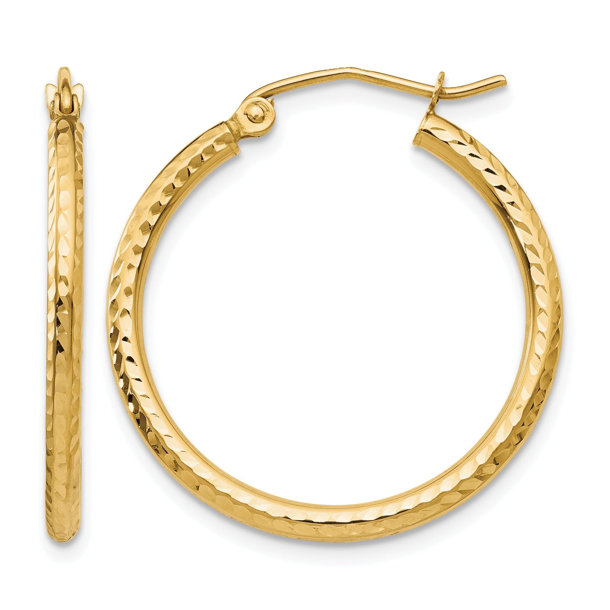 14k 2x25mm Diamond-cut Round Tube Hoop Earrings