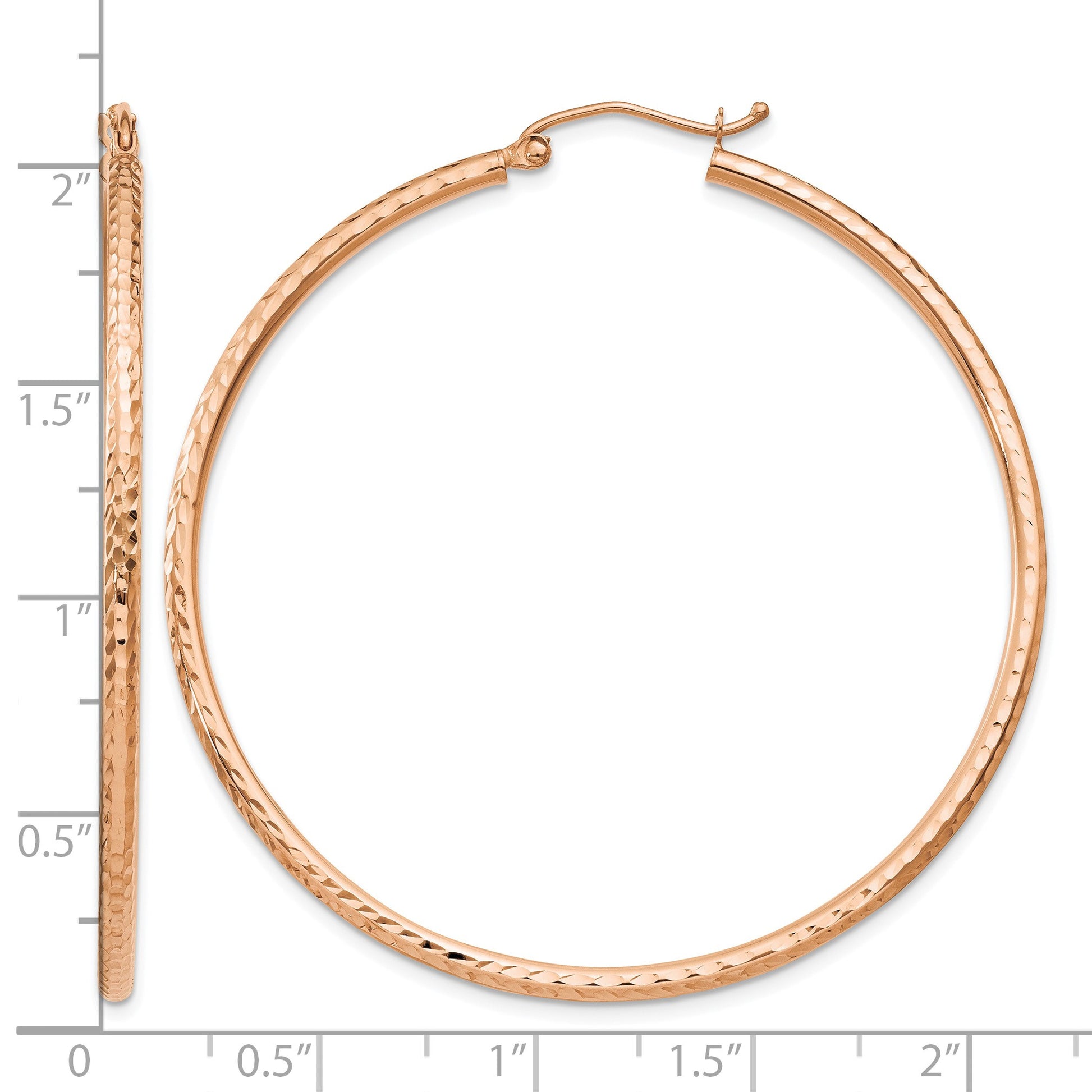 14k Rose Gold 2x50mm Diamond-cut Round Tube Hoop Earrings